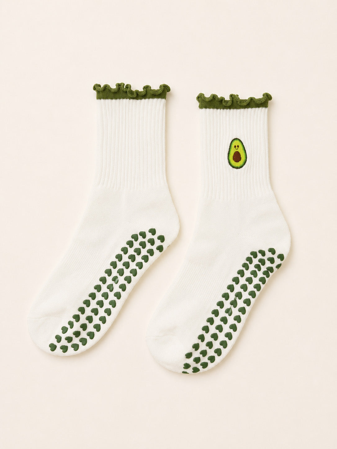 Avocado Flow ruffle grip socks worn for pilates at home