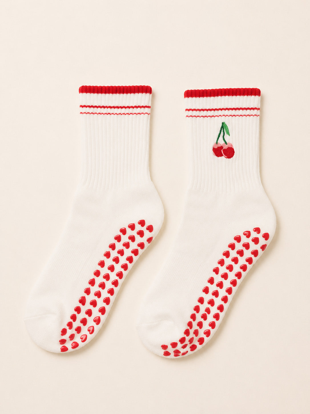 Cherry Bliss ruffle grip socks worn for pilates at home