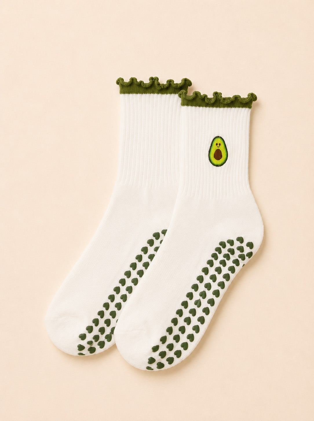 Avocado Flow pilates grip socks with ruffle edge and avocado print