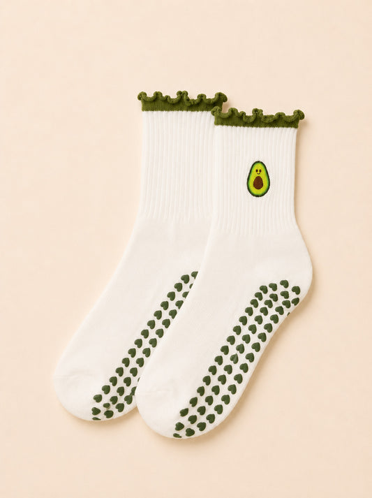 Avocado Flow pilates grip socks with ruffle edge and avocado print