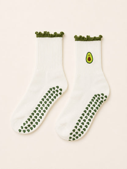 Avocado Flow ruffle grip socks worn for pilates at home