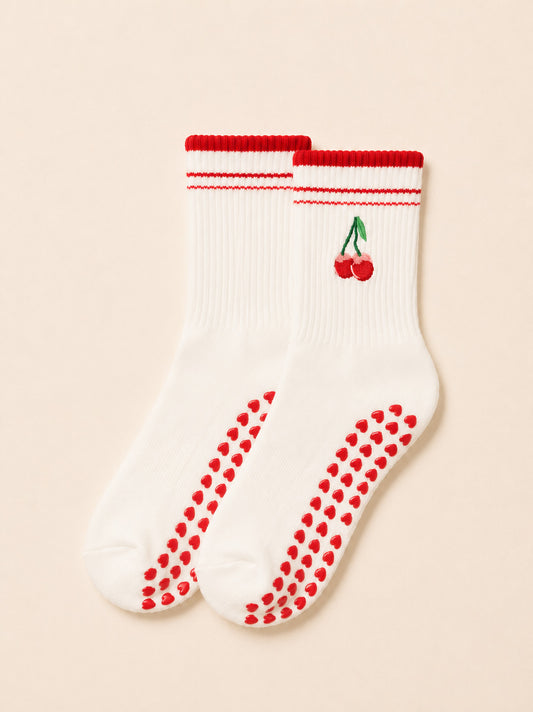 Cherry Bliss pilates grip socks with ruffle edge and cherry print